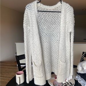 fuzzy white cardigan